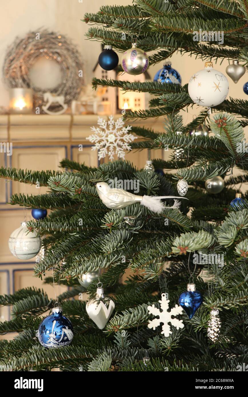 albero di natale decorato con decorazioni blu e argento albero di natale Foto Stock