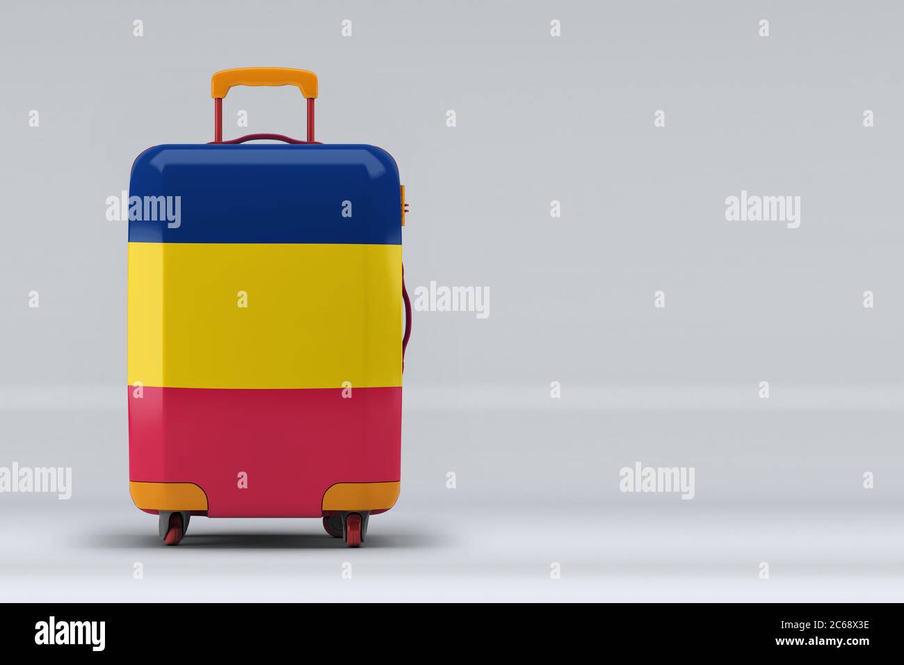 Bandiera nazionale del Ciad su una valigia elegante su sfondo a colori. Spazio per il testo. Concetto internazionale di viaggi e turismo. Rendering 3D. Foto Stock