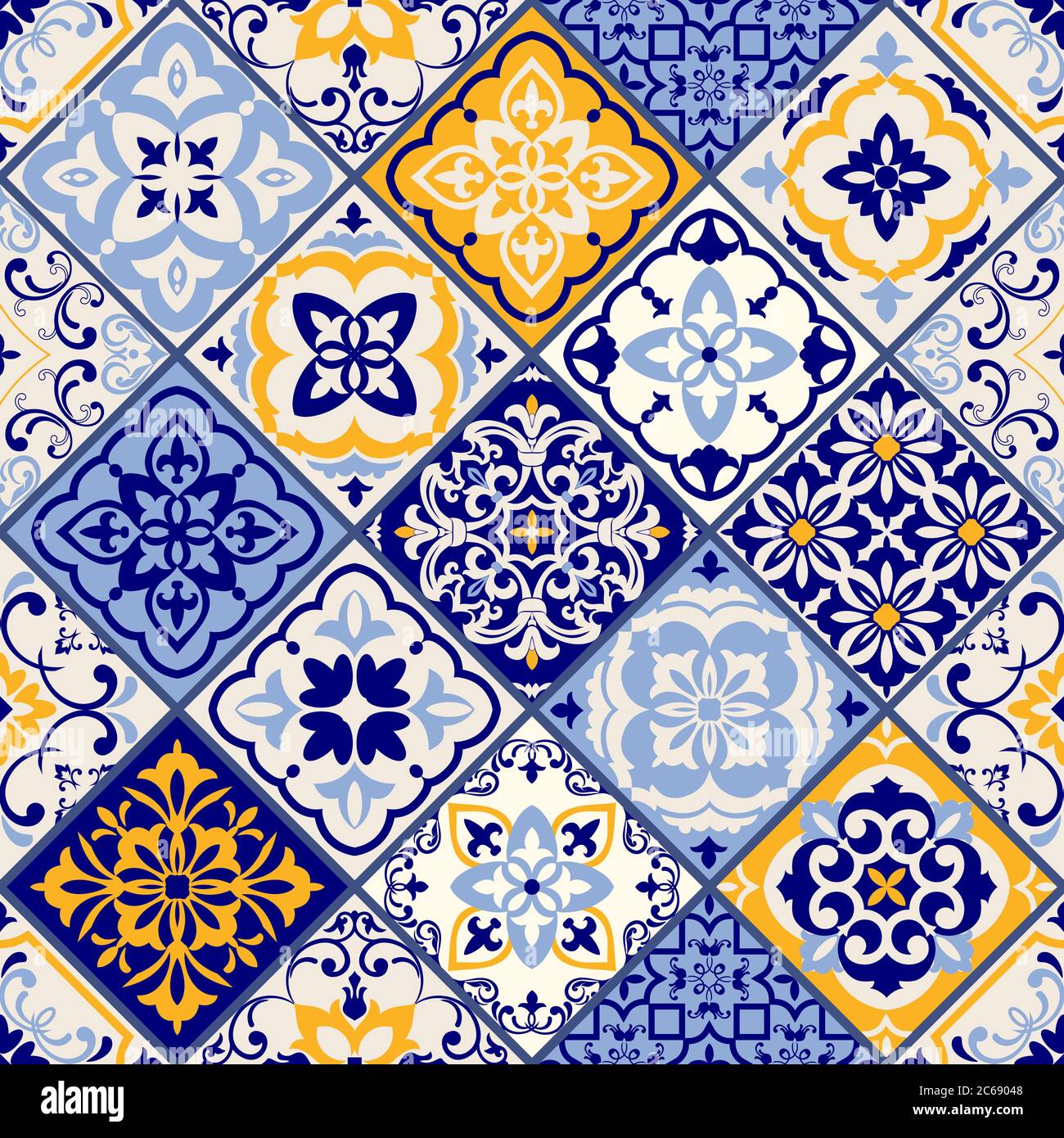 Patchwork colorato senza cuciture in stile turco. Azulejos piastrelle patchwork. Decorazioni in portoghese e Spagna. Islam, Arabo, Indiano, motivo ottomano. Illustrazione Vettoriale