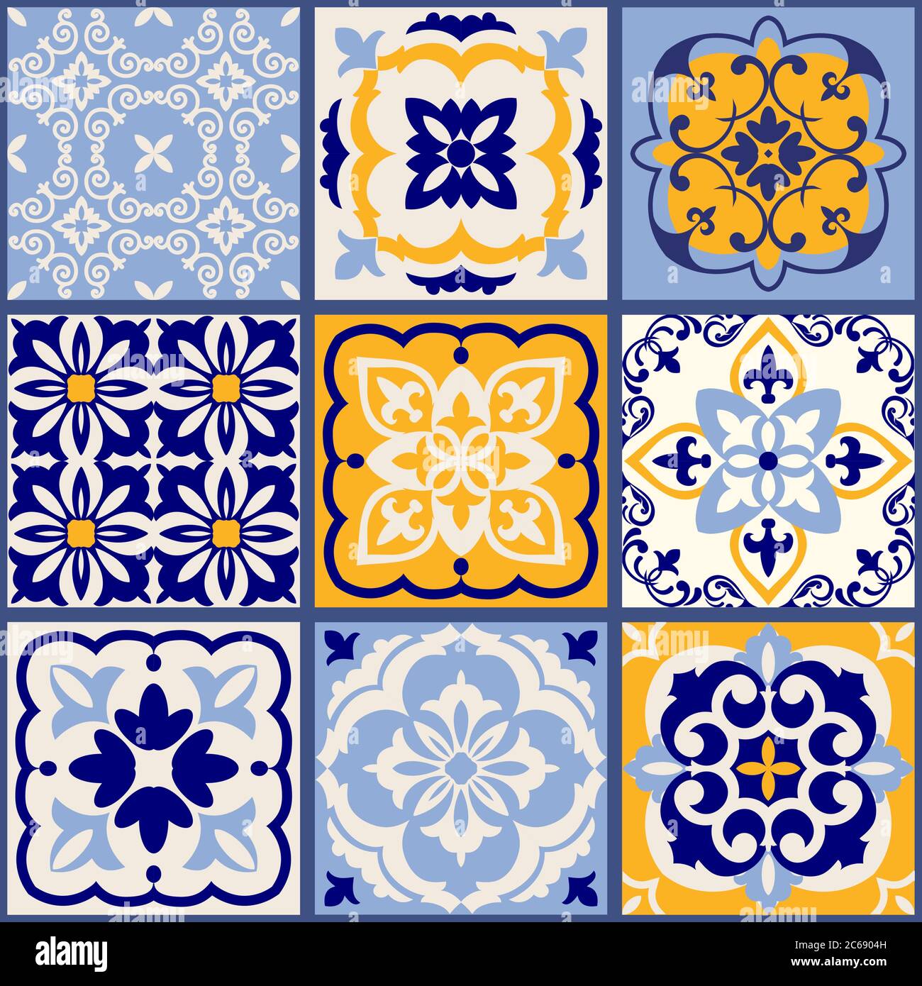 Patchwork colorato senza cuciture in stile turco. Sfondo disegnato a mano. Azulejos piastrelle patchwork. Islam, Arabo, Indiano, motivo ottomano. Illustrazione Vettoriale