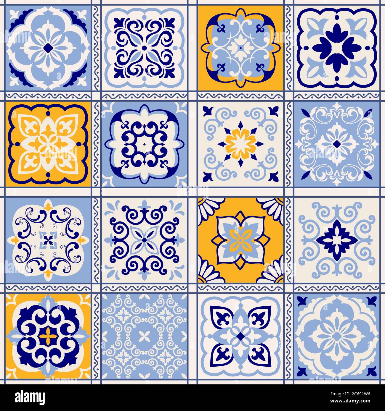 Patchwork colorato senza cuciture in stile turco. Sfondo disegnato a mano. Azulejos piastrelle patchwork. Islam, Arabo, Indiano, motivo ottomano. Illustrazione Vettoriale