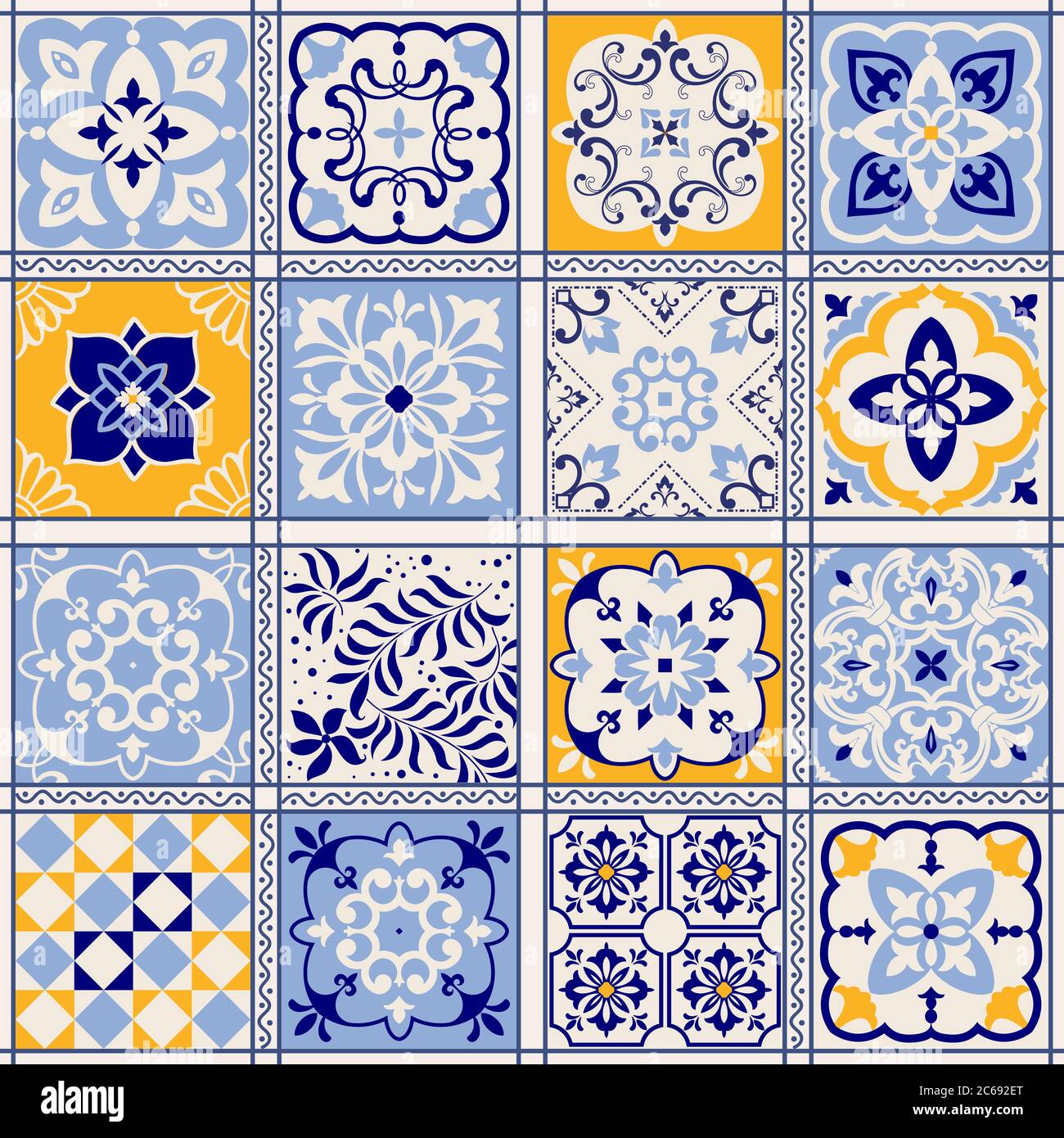 Patchwork colorato senza cuciture in stile turco. Sfondo disegnato a mano. Azulejos piastrelle patchwork. Islam, Arabo, Indiano, motivo ottomano. Illustrazione Vettoriale