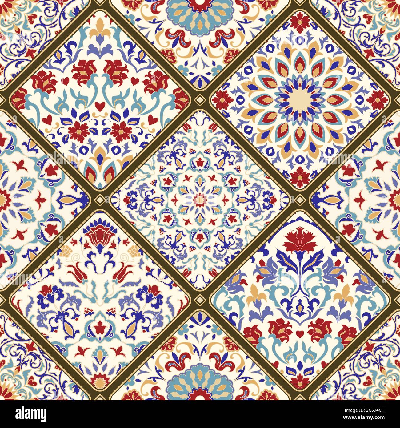Piastrelle in ceramica senza cuciture con patchwork colorato. Vintage multicolore in stile turco. Sfondo disegnato a mano. Motivi arabi, indiani, ottomani Illustrazione Vettoriale