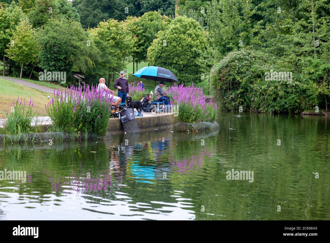 Regno Unito, Meteo, Northampton, 8 luglio 2020. Durante la notte si prevede l'allentamento della pioggia per i pescatori del Club di pesca di Abington che stanno aspettando l'inizio alle 9 del concorso sul lago di Abington Park, pioggia leggera e una giornata umida. Credit: Keith J Smith/Alamy Live News Foto Stock