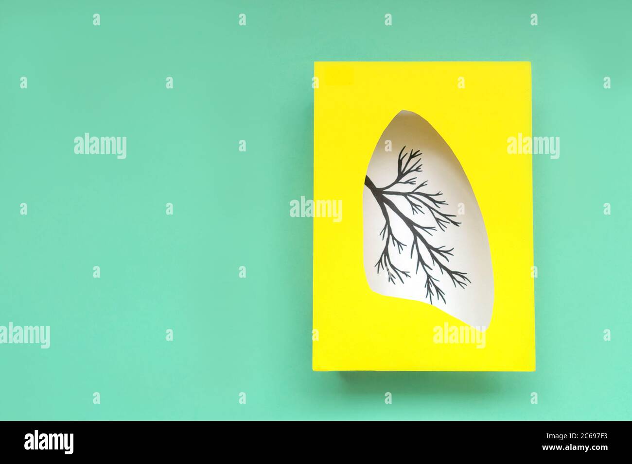 Carta simbolo polmoni arte, turchese e giallo. Giornata mondiale della tubercolosi. Assistenza sanitaria, medicina, cancro ai polmoni, organo donatore interno e smettere di fumare campai Foto Stock