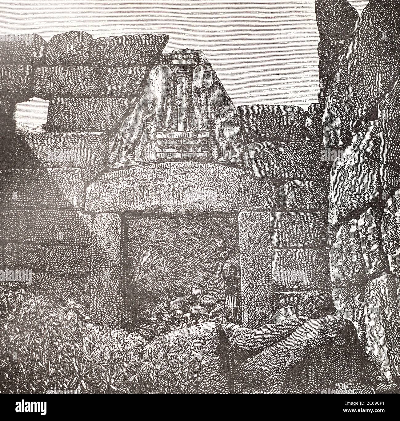 La porta del Leone dell'Acropoli di Micene. Incisione del 19 ° secolo. La porta del Leone era l'ingresso principale della cittadella dell'età del bronzo di Micene, Grecia meridionale. Foto Stock