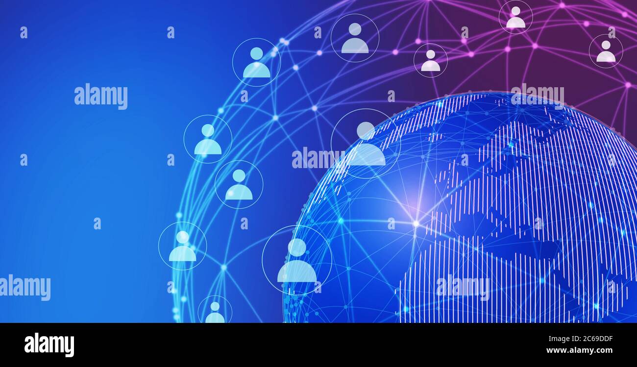 Globo del mondo con icone delle persone connesse su sfondo blu, collage Foto Stock