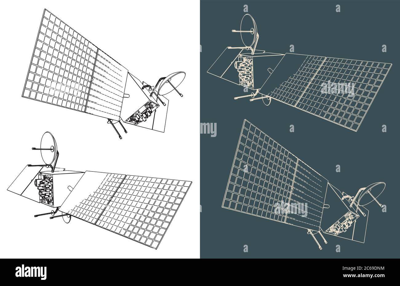 Illustrazione vettoriale sul tema dei satelliti artificiali e dell'industria spaziale. Satellite artificiale da angolazioni diverse Illustrazione Vettoriale