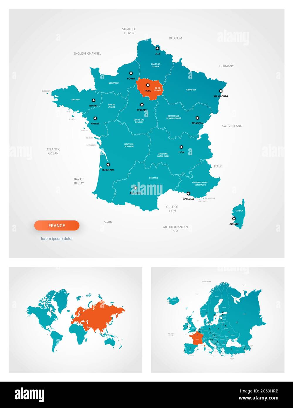 Modello modificabile della mappa della Francia con segni. La Francia sulla mappa mondiale e sulla mappa europea. Illustrazione Vettoriale