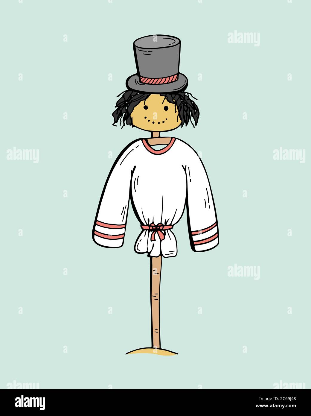 Un affascinante Scarecrow con un cappello su un bastone. Attrezzi di potere per il giardinaggio e le case di campagna. Doodles disegnati a mano. Illustrazione Vettoriale