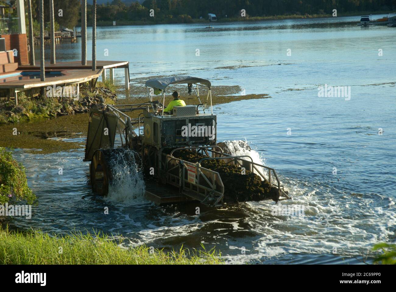 Barca sgomberare i canali, Clear Island Waters, Gold Coast, Queensland, Australia. Foto Stock