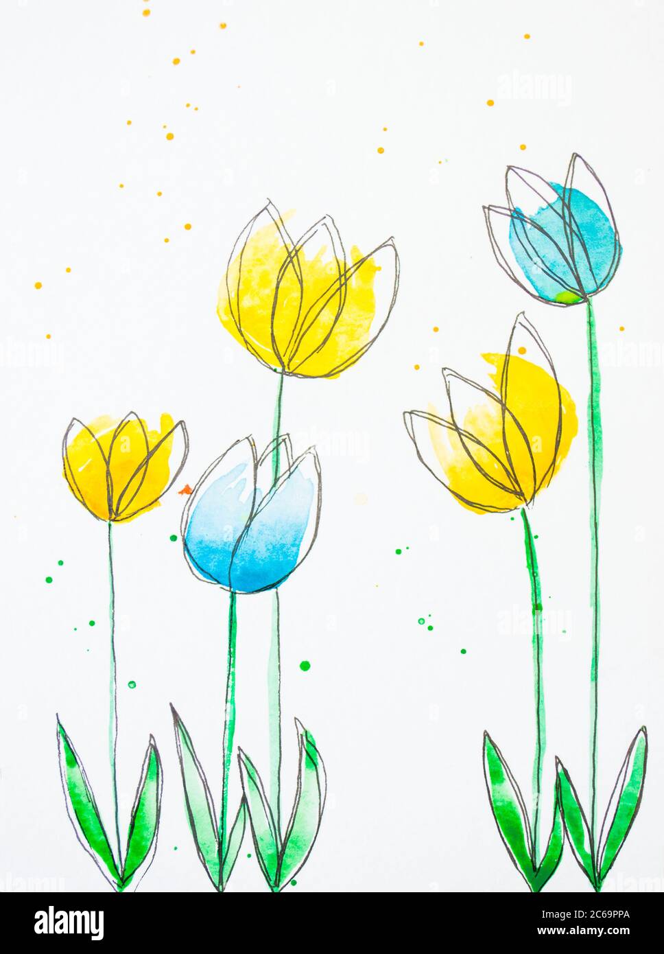 Disegno acquerello di fiori di bel colore giallo e blu incorniciato con marcatore di colore nero. Foto Stock