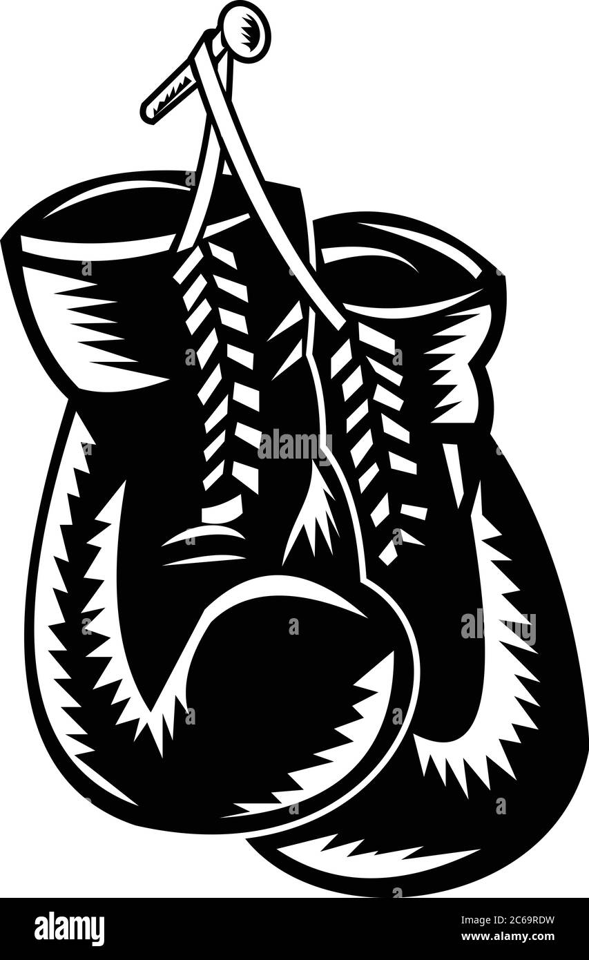 Immagine in stile retrò di un paio di guanti da boxe appesi su chiodo su sfondo isolato fatto in bianco e nero. Illustrazione Vettoriale