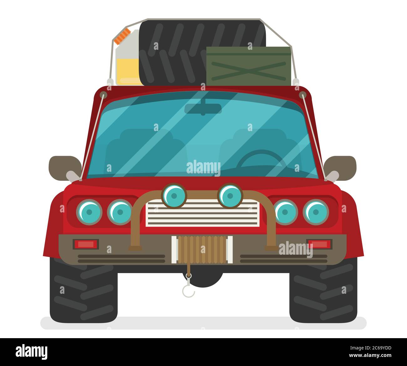 Vista frontale dell'auto. Veicolo fuoristrada isolato su sfondo bianco. Illustrazione Vettoriale
