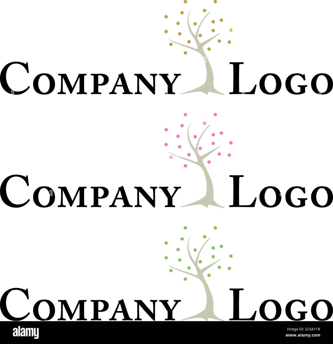 Modello logo aziendale con albero stilizzato minimalista, tre versioni a colori Illustrazione Vettoriale