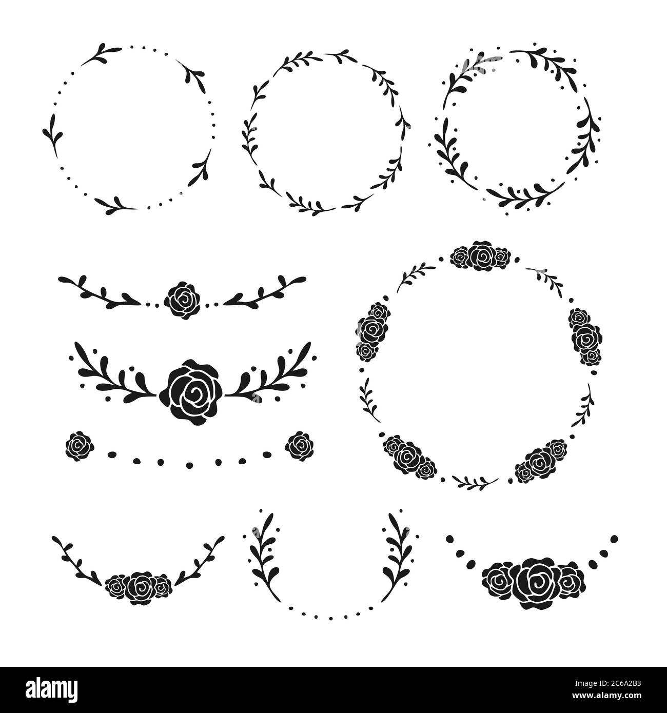 Bellissimo Doodle Rose floreale matrimonio ornamento Set per elementi di design. Quadro di Wreath rotondo divisorio linea di bordo rosa con l'illustrazione dei rami di foglia. Foto Stock