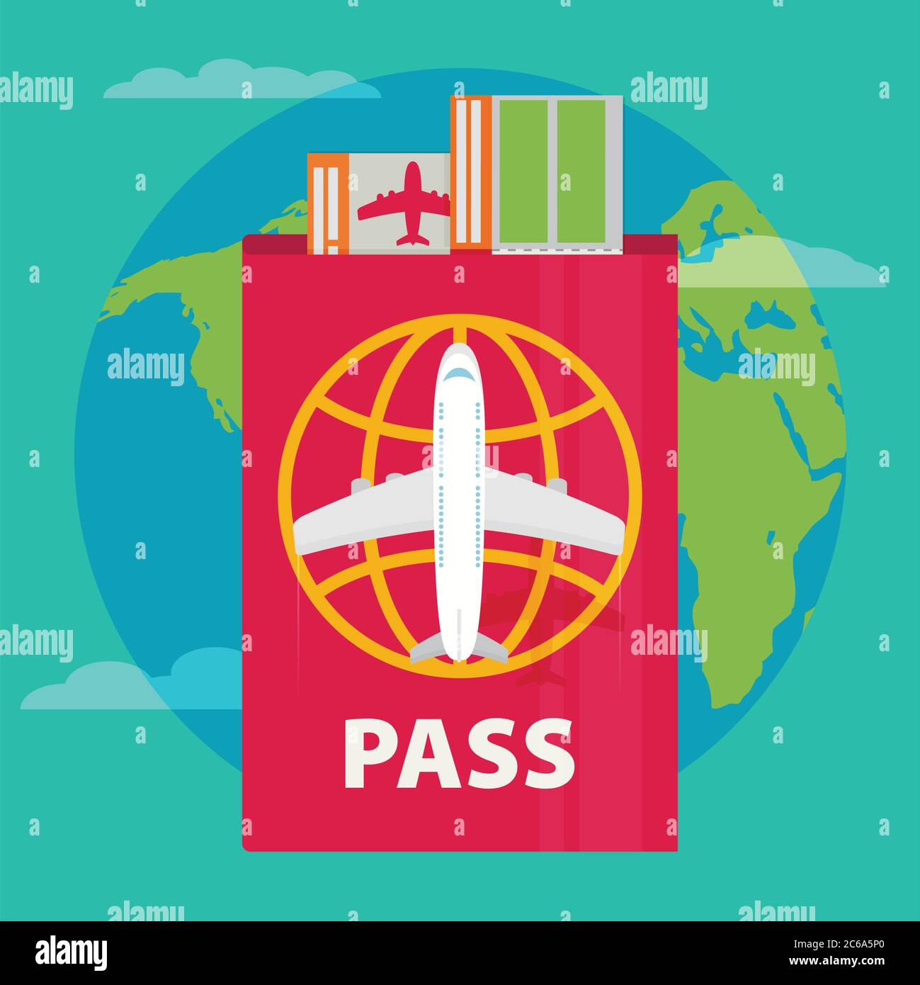 Vector icona web di design moderno e piatto sui biglietti aerei e viaggi con jet airliner volo, passaporto, biglietto d'imbarco e globo con le nuvole. Airfa Illustrazione Vettoriale