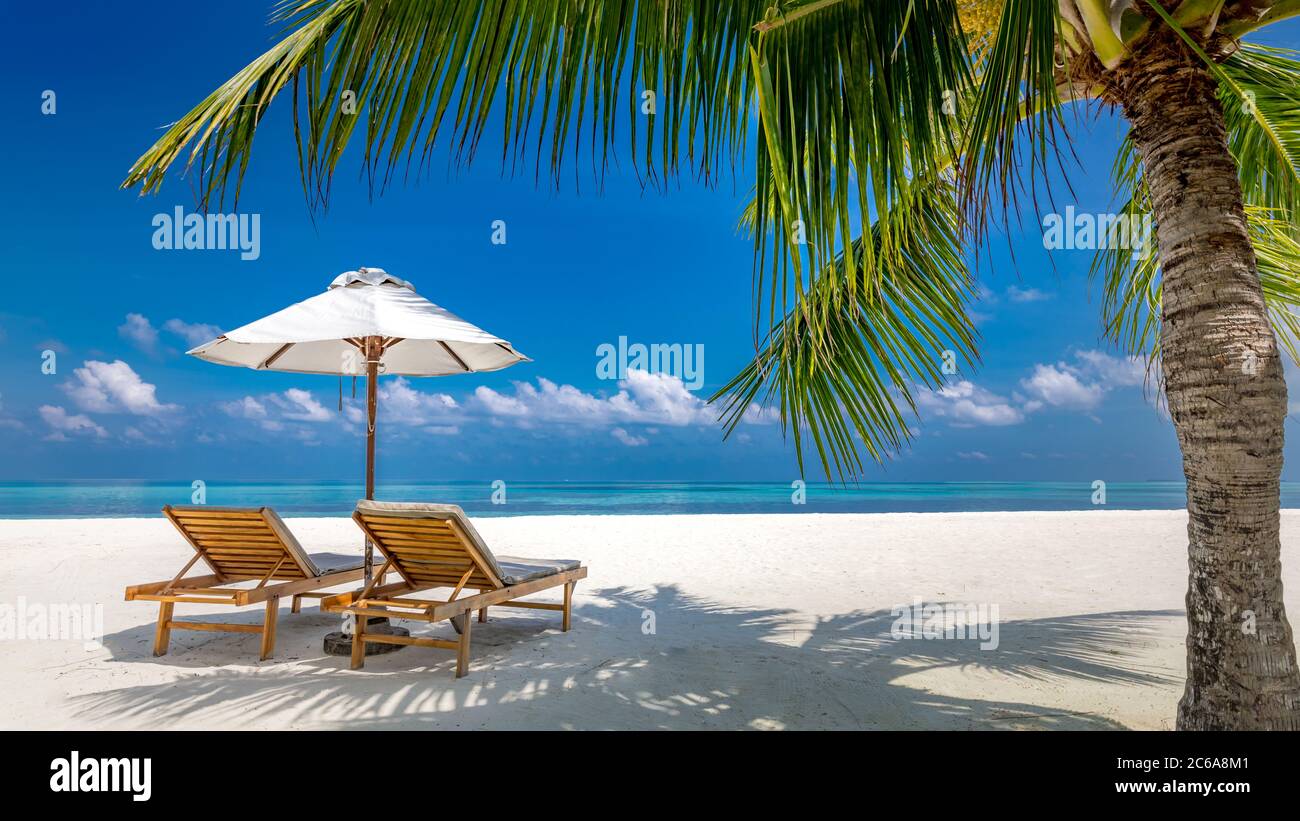 Spiaggia Paradiso. Isola tropicale perfetta. Belle palme e natura tropicale spiaggia. Cielo blu e laguna blu Moody. Vacanza estiva di lusso Foto Stock