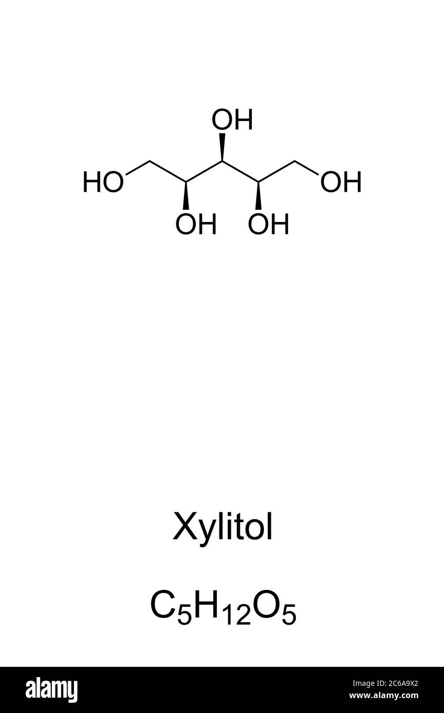 Xilitolo, anche Xylite, struttura chimica e formula. Alcol polialcolico e zucchero, utilizzato come additivo alimentare e sostituto dello zucchero. Foto Stock