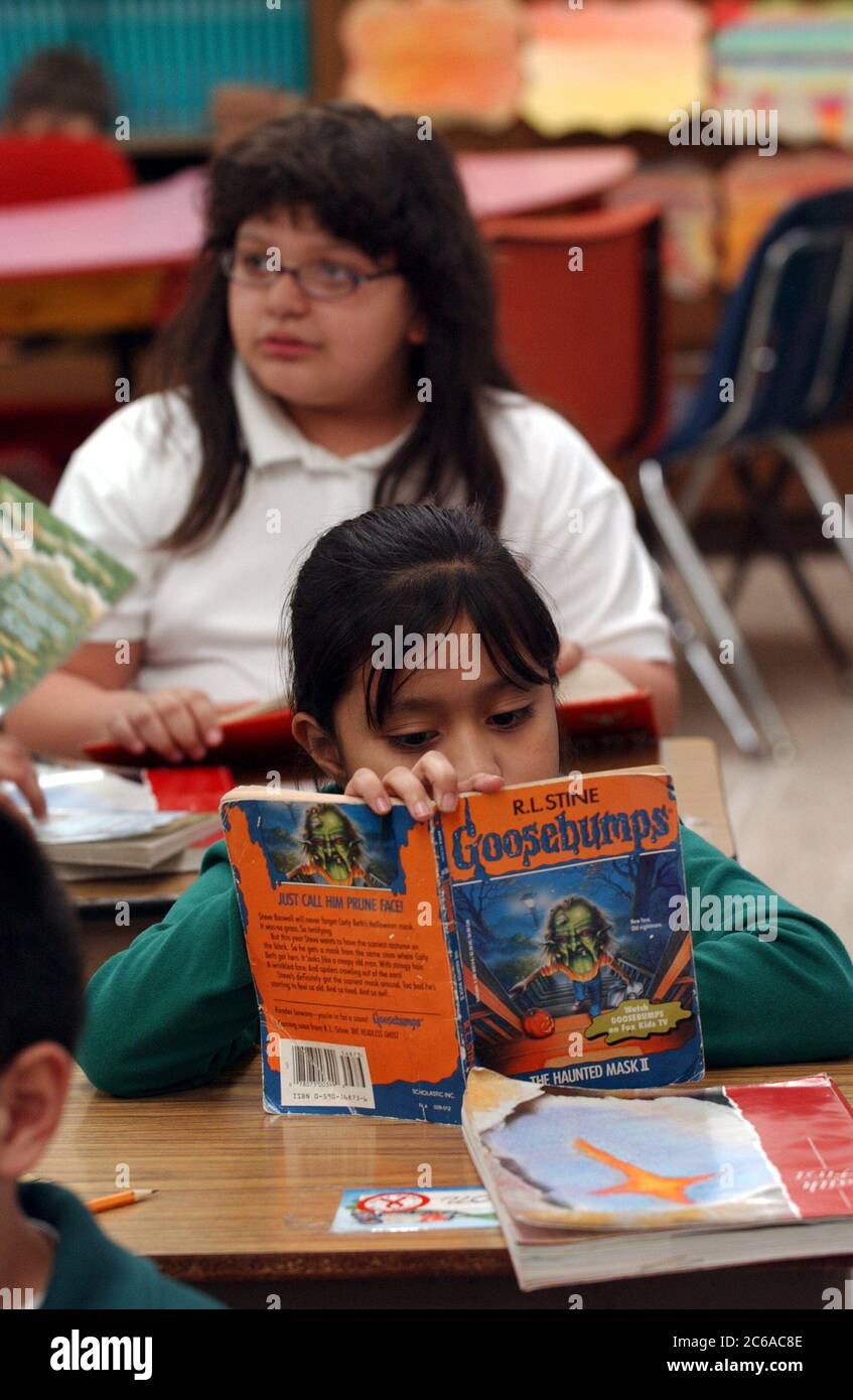 Austin, Texas USA, novembre 2003: Terza elementare che legge romanzo misterioso alla sua scrivania a St. Ignatius Martyr School, una scuola privata parrocchiale cattolica. ©Bob Daemmrich Foto Stock