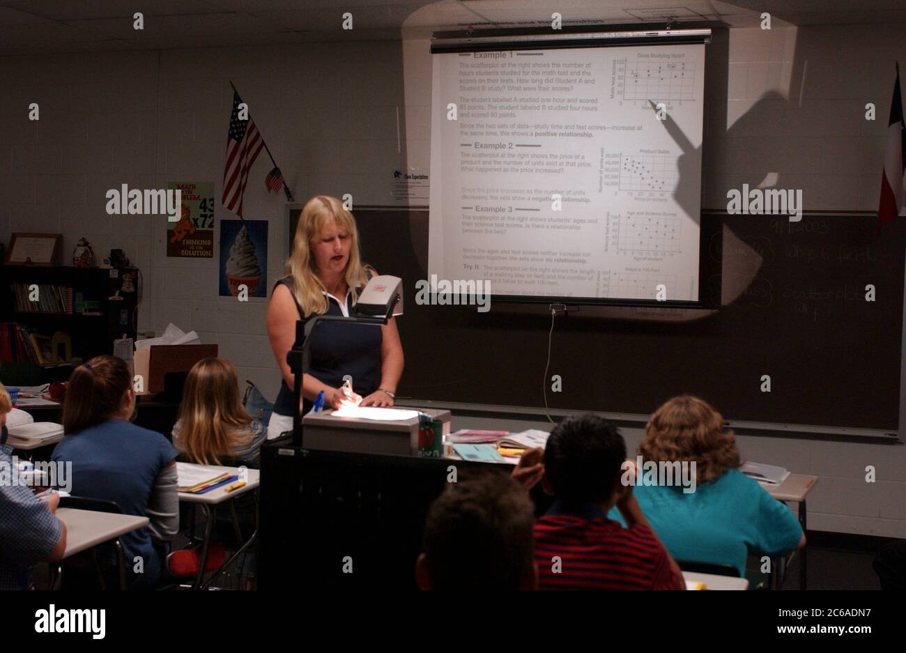 Mabank, Texas USA, 10 settembre 2003: Insegnante femminile nella scuola media pubblica utilizza un proiettore mentre conduce lezioni di matematica per studenti di settima elementare. IL MODELLO RILASCIA SP-71 A SP-80. ©Bob Daemmrich Foto Stock