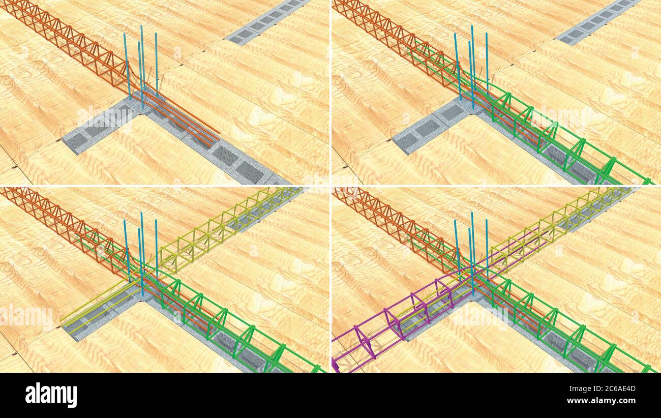 Sequenza in 4 fasi del montaggio delle travi in acciaio sulla cassaforma di legno prima di versare il calcestruzzo. Illustrazione 3D Foto Stock