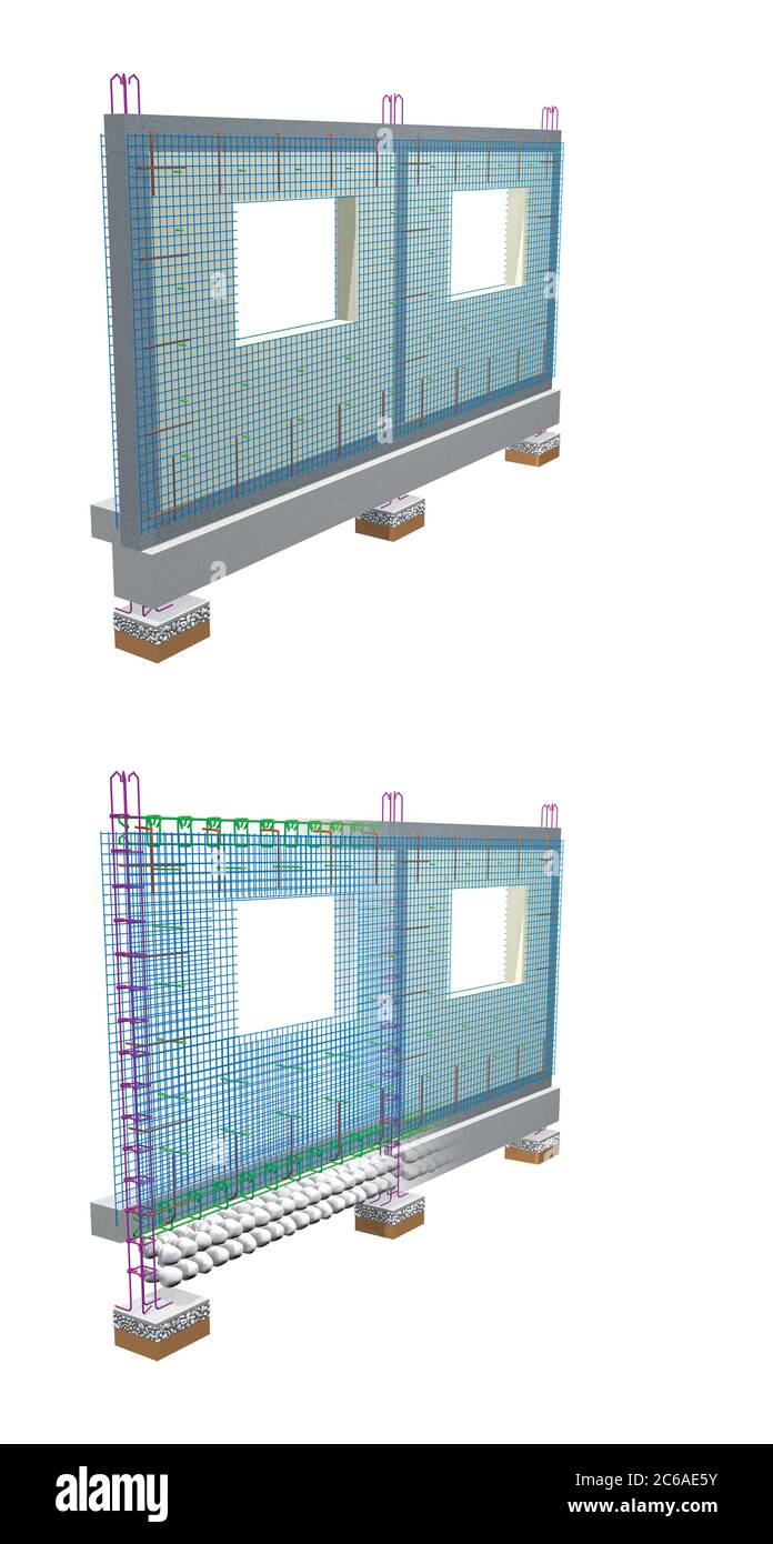Grafico che mostra gli elementi della struttura di una parete rinforzata con rete metallica su sfondo bianco. Illustrazione 3D Foto Stock