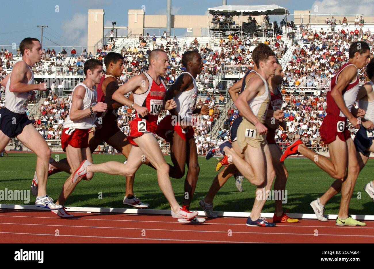 Austin Texas USA, giugno 2004: Gli atleti maschi corrono in un gruppo ben raggruppato poco dopo l'inizio dell'evento Steeplychase al National Collegiate Athletic Association (NCAA)) Division i Outdoor Track & Field Championships. ©Bob Daemmrich Foto Stock