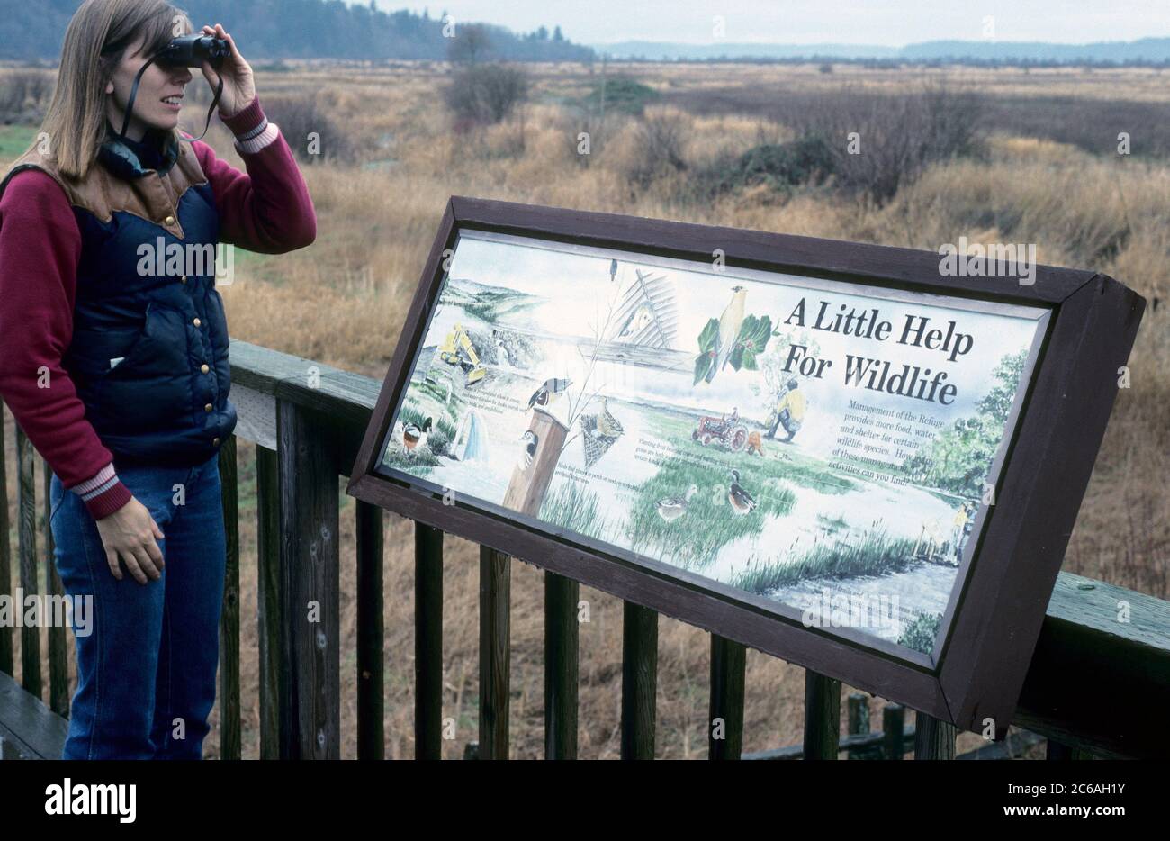 Cartelli interpretativi presso Twin Barns, Nisqually National Wildlife Refuge, Washington Foto Stock