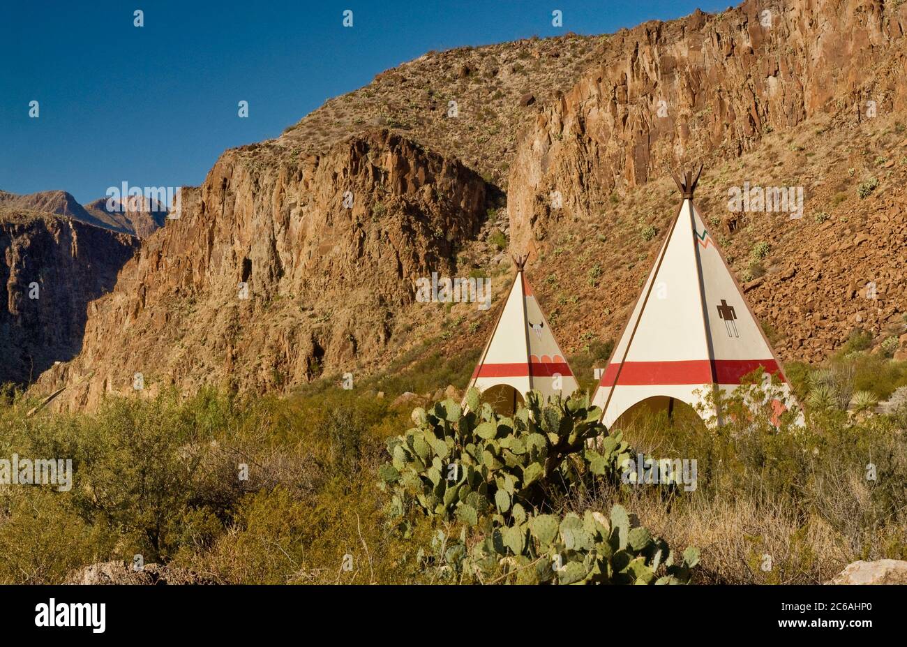 Cactus e tipi (teepee) di pera di prickly all'area picnic sulla strada del fiume, il canyon di Madera del Rio Grande in distanza nel parco statale di Big Bend Ranch, Texas Foto Stock