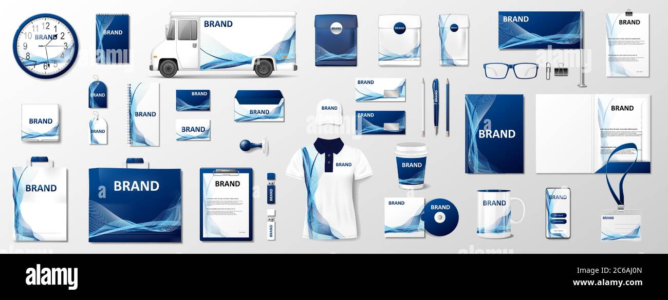 Progettazione di modelli di identità per il branding aziendale. Moderna Stationery mockup colore blu. Cancelleria e documentazione per il vostro marchio. Vettore Illustrazione Vettoriale