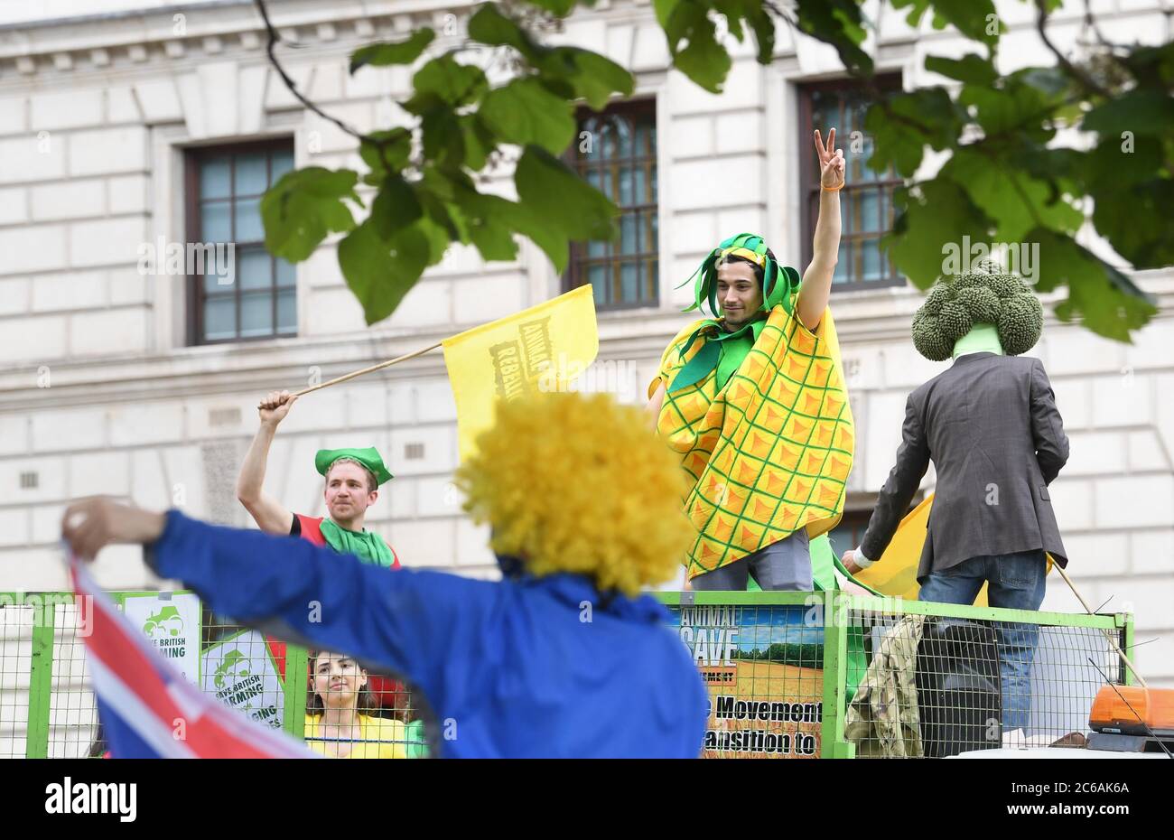 La gente durante una dimostrazione organizzata da Save British Farming (SBF) di trattori e sostenitori dell'agricoltura che si sono dimostrati lenti a Westminster, Londra, per protestare contro le minacce agli standard alimentari del Regno Unito nei futuri accordi commerciali. Foto Stock