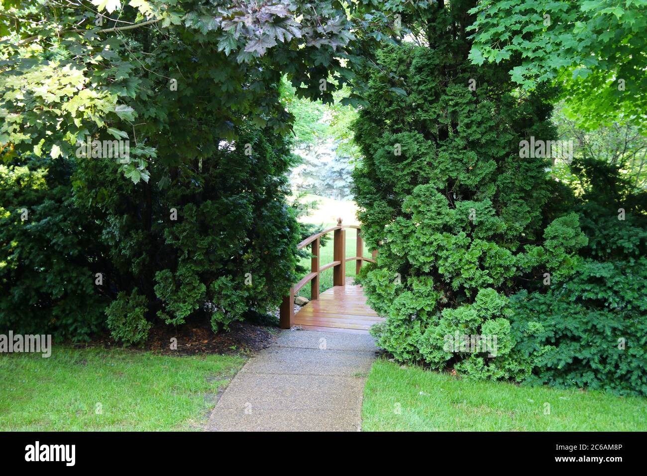 un ponte pedonale in legno con giardino attraverso un lussureggiante giardino verde Foto Stock