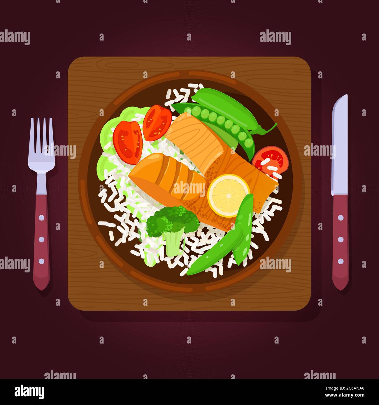 Bistecche di salmone grigliate con riso e verdure Illustrazione Vettoriale