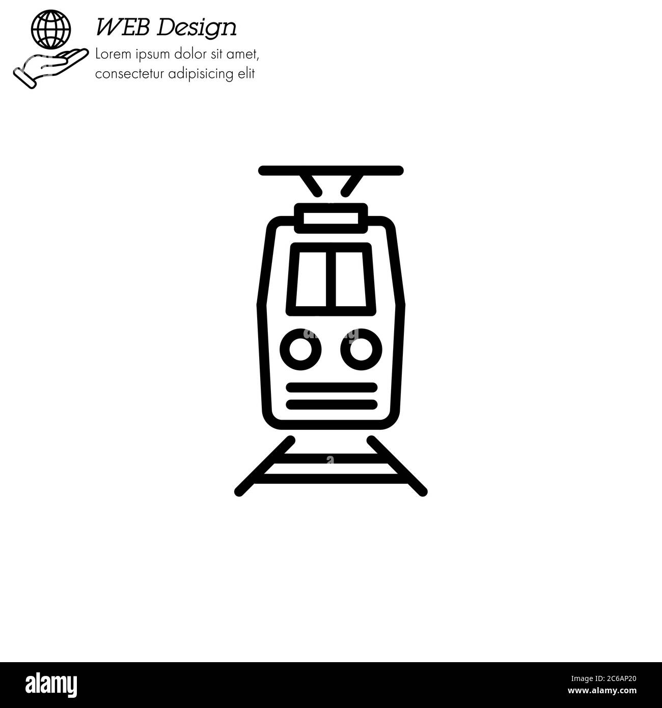 Icona treno linea sottile, lineare, vista frontale del contorno. Semplice segno, logo. Illustrazione Vettoriale