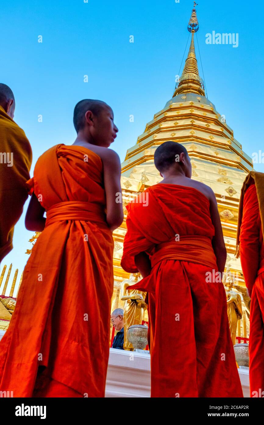 I monaci in Wat Phra That Doi Suthep, Chiang Mai, Thailandia Foto Stock