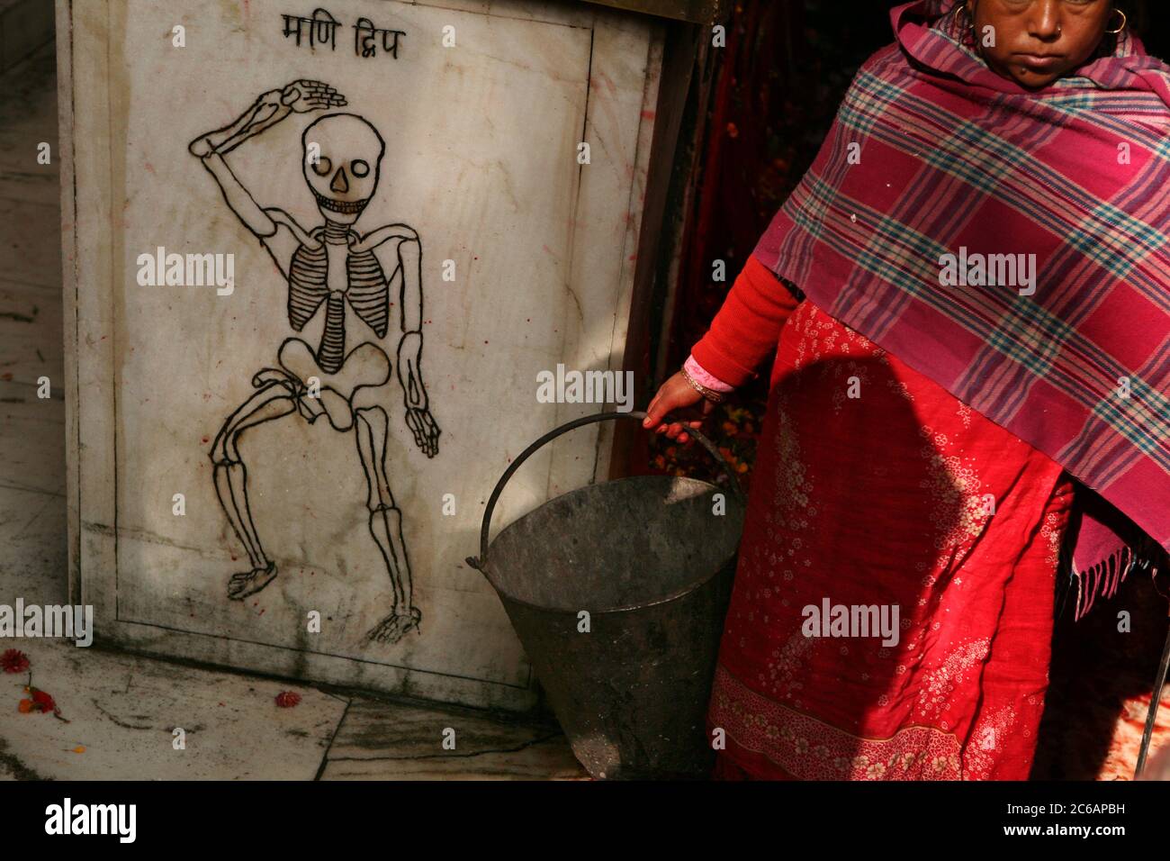 L'operatrice femminile del tempio con un secchio passa da uno scheletro raffigurato nel santuario principale nel tempio di Dakshinkali vicino a Kathmandu, Nepal. Uno dei templi indù più importanti del Nepal dedicato alla dea Kali è noto per i suoi sacrifici animali. Appena sacrificato capra maschio nera è visto nello sfondo. Foto Stock