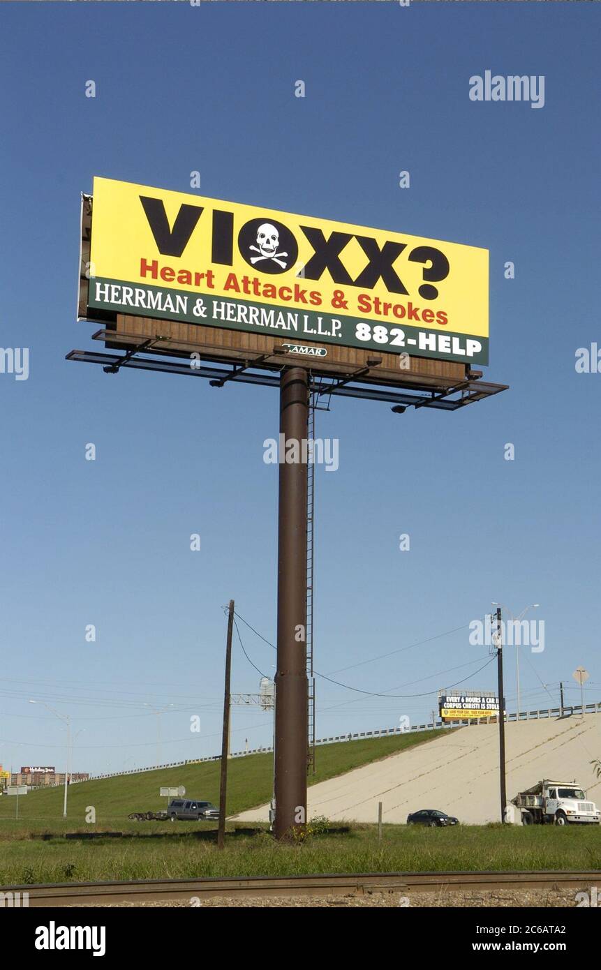 Corpus Christi, TX 07DEC04: Cartellone pubblicitario dello studio legale per le richieste mediche Vioxx. ©Bob Daemmrich Foto Stock