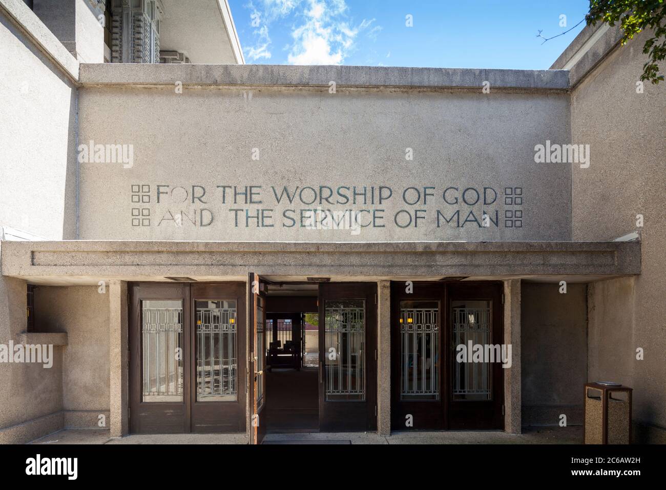 Ingresso al tempio Unity progettato da Frank Lloyd Wright, Oak Park, Illinois, USA Foto Stock