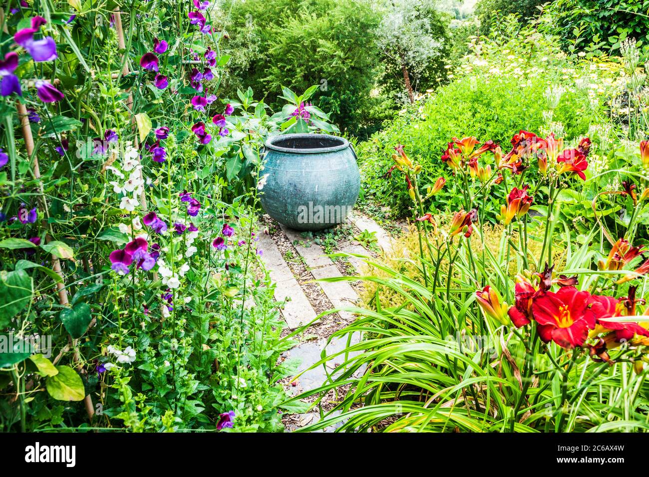 Un grande contenitore di piante utilizzato come caratteristica focale in un giardino estivo. Foto Stock
