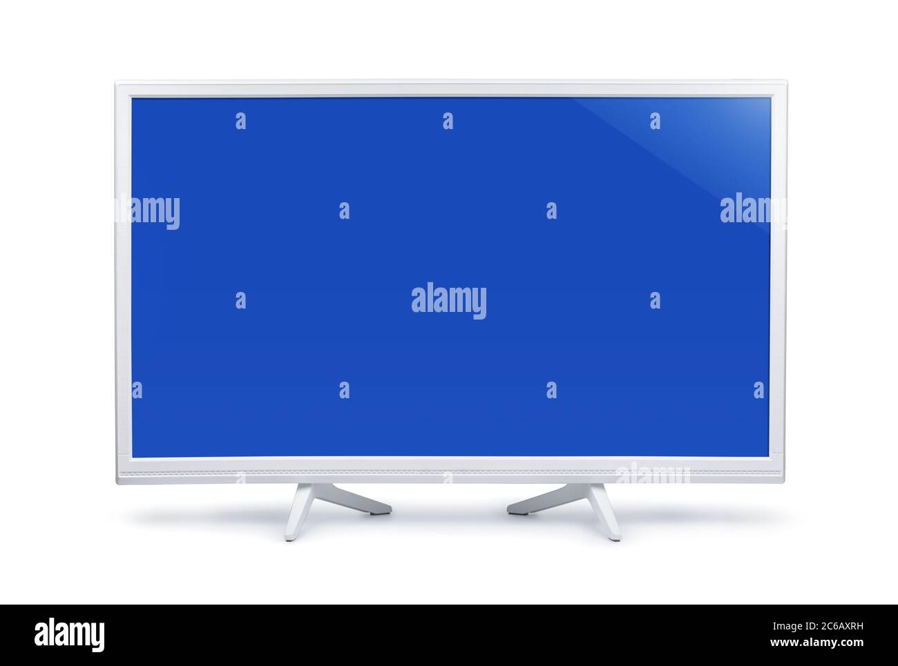 Vista frontale del televisore LED widescreen bianco con schermo blu vuoto isolato su bianco Foto Stock