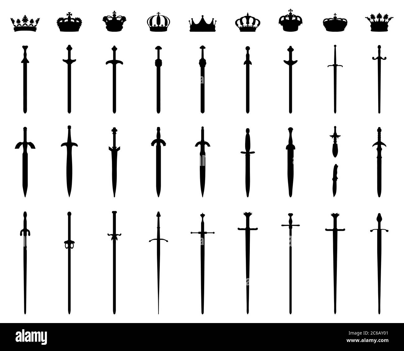 Silhouette nere corone e spade su sfondo bianco Foto Stock