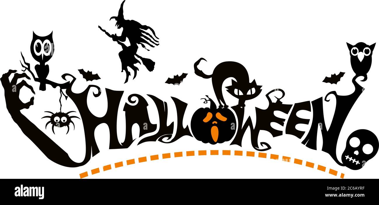 Halloween testo, con strega, fantasma, zucca spaventosa, pipistrelli, lapide e ragni. VETTORE Illustrazione Vettoriale