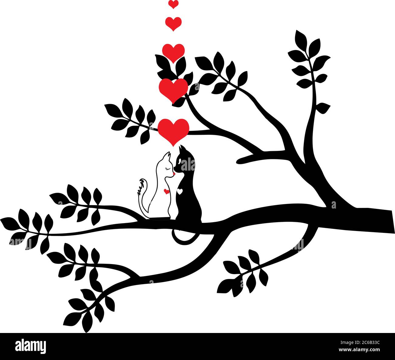 Cat amore nell'albero. Per San Valentino e stampe d'amore. VETTORE Illustrazione Vettoriale