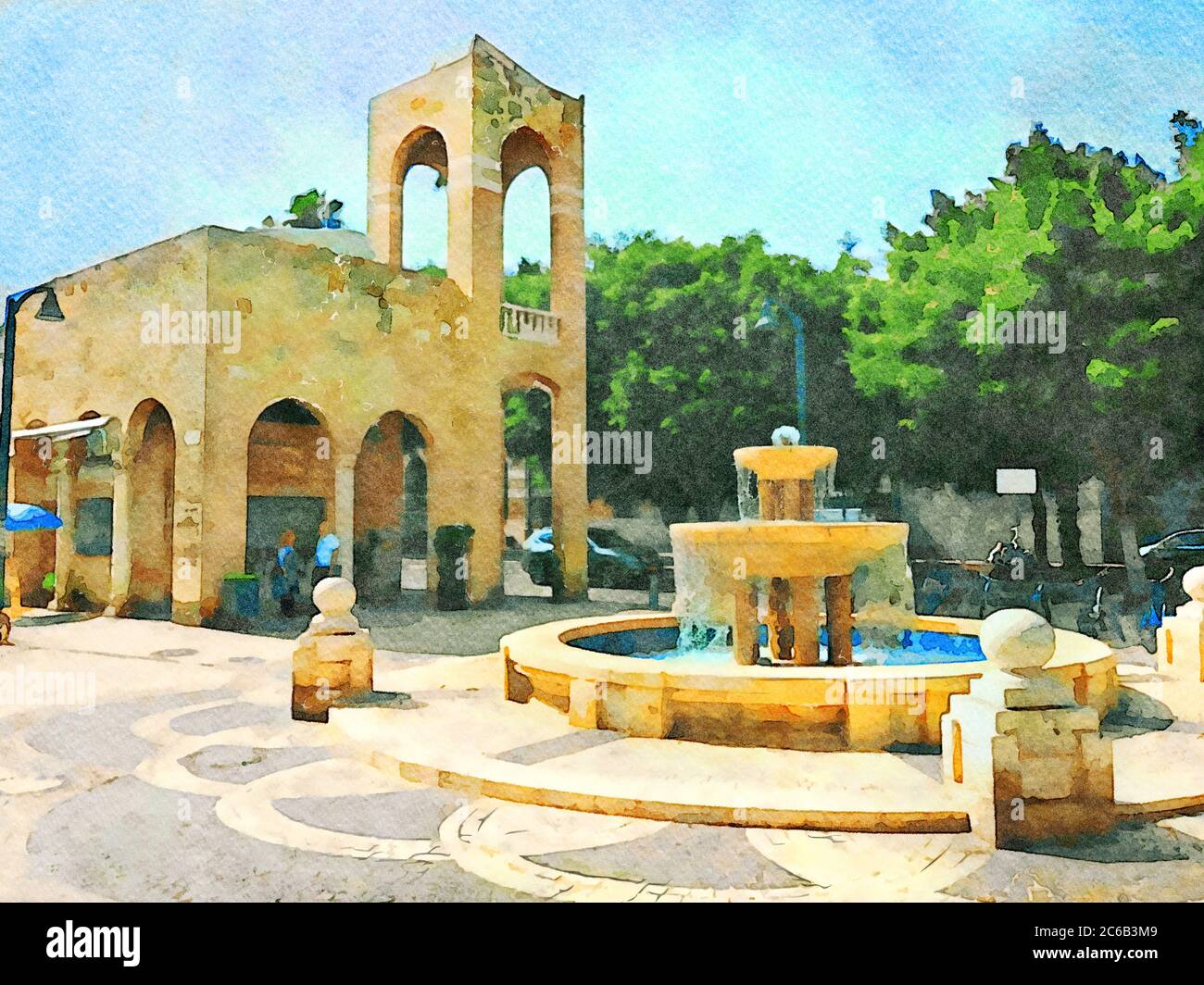 dipinto digitale ad acquerello della piazza della fontana di fronte al viale di gerusalemme nel quartiere noga di jaffa, tel aviv, Foto Stock