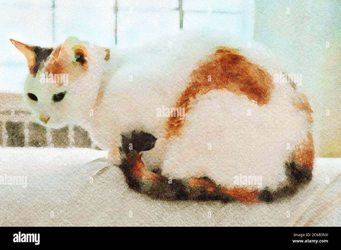 dipinto digitale ad acquerello di un gatto calico seduto in modo pensivo su un divano con le gambe e la coda sotto di lei Foto Stock