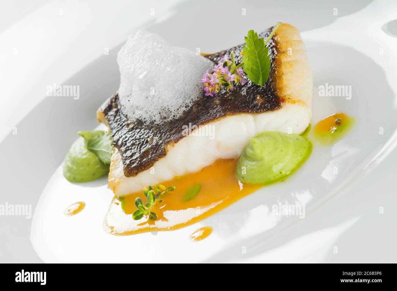 Filetto di rombo cotto su un piatto bianco. Delizioso pasto di pesce con erbe e servito con purea di piselli. Scatto in studio Foto Stock