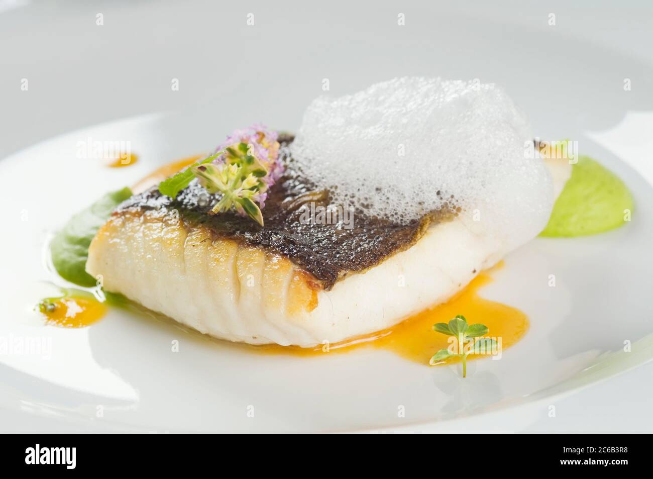 Filetto di rombo cotto su un piatto bianco. Delizioso pasto di pesce con erbe e servito con purea di piselli. Scatto in studio Foto Stock