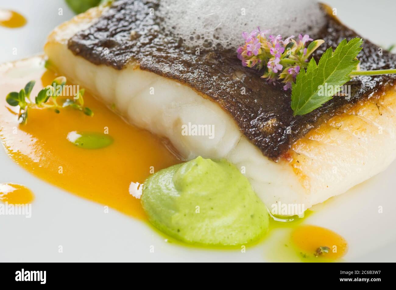 Filetto di rombo cotto su un piatto bianco. Delizioso pasto di pesce con erbe e servito con purea di piselli. Scatto in studio Foto Stock
