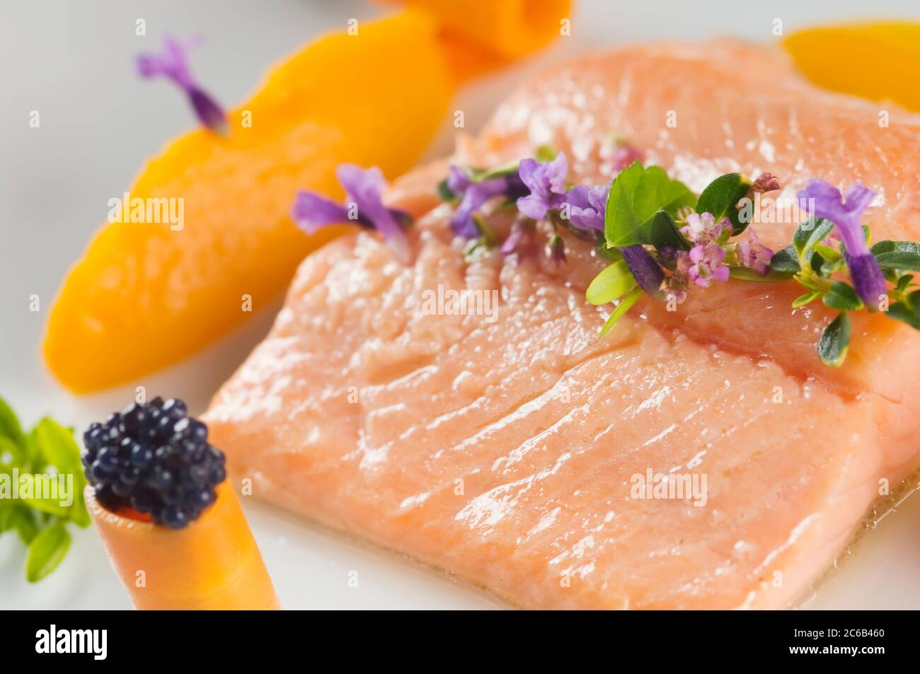 Salmone bollito. Delizioso pasto di pesce con erbe e servito con purea di carote. Scatto in studio Foto Stock